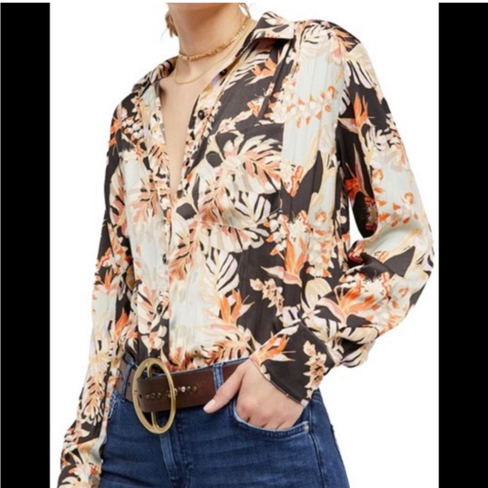 Free people Floral tropical  Print button down Women's Top